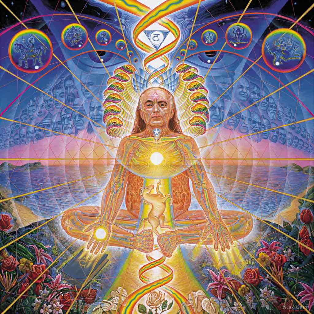 Adi Da by Alex Grey
painting of human meditating that illustrates connectivity to universe and mother earth. We are all connected.