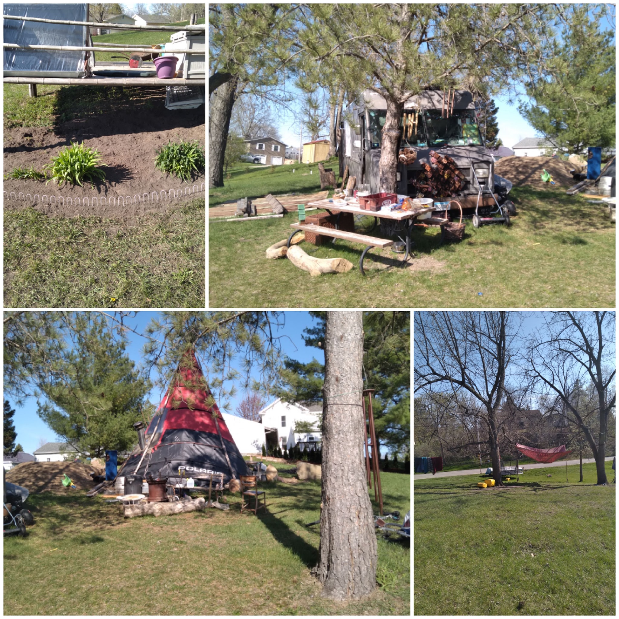 a photo collage of Jim's lot before the "abatement" showing our tipi, the panel van full of our belongings, the garden, and the play equipment for Jim's kids.