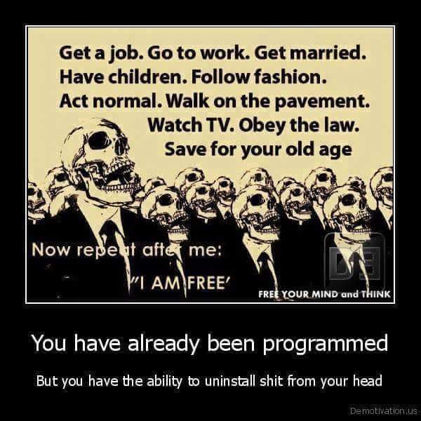 Get a job. Go to work. Get married. Have children. Follow fashion. Act normal. Walk on the pavement. Watch TV. Obey the law. Save for your old age. Now repeat after me: 'I AM FREE' Free your mind and think. You have already been programmed but you have the ability to uninstall that shit from your head.