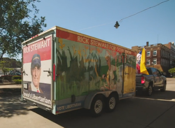 Rick Stewart Iowa's Libertarian. Rick Stewart for Governor. Campaign trailer-rear view. Fall 2022