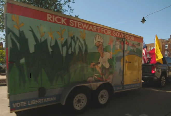 Rick Stewart for Governor. Vote Libertarian! Campaign trailer-passenger side view. Fall 2022