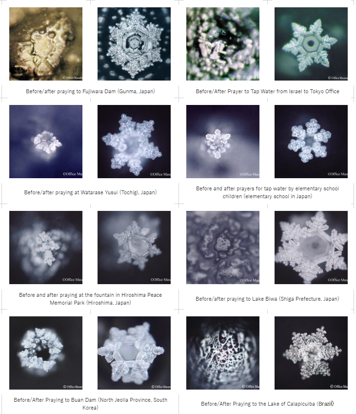 Masaru Emoto's Water samples from various sites, frozen before and after prayer Photo credit