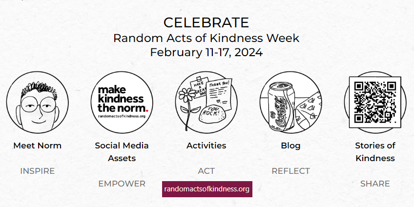 Celebrate Random Acts of Kindness Week February 11-17, 2024. Meet Norm INSPIRE. Social Media Assets EMPOWER. Activities ACT. Blog REFLECT. Stories of Kindness Share Visit the randomactsofkindness.org for more informattion